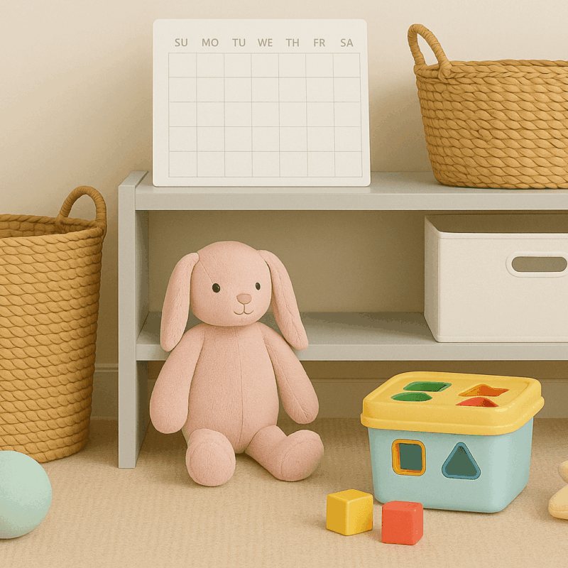 A pink stuffed bunny, toy blocks, a star-shaped pillow, and storage baskets on a beige carpeted floor with a white shelf.