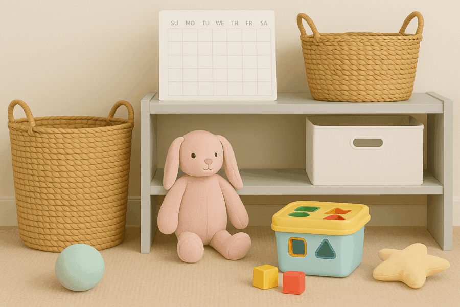 A pink stuffed bunny, toy blocks, a star-shaped pillow, and storage baskets on a beige carpeted floor with a white shelf.