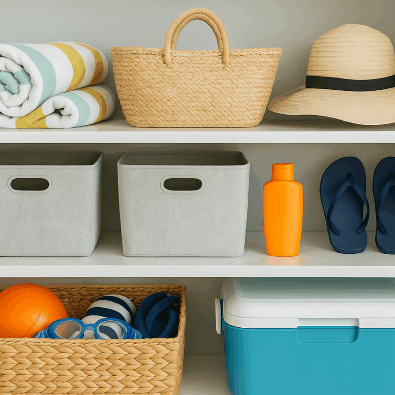 A white shelf with beach towels, a straw bag, a sun hat, storage bins, flip-flops, a water bottle, and a cooler.