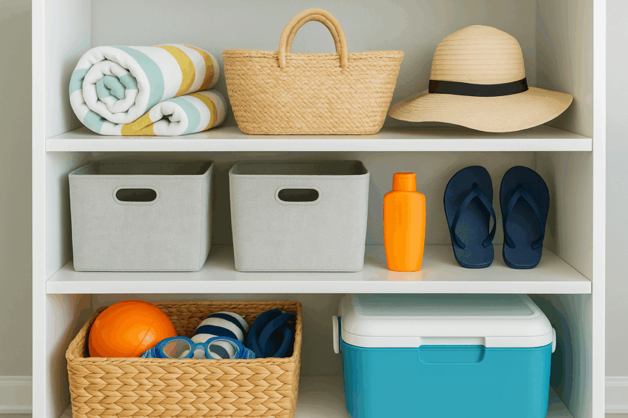 A white shelf with beach towels, a straw bag, a sun hat, storage bins, flip-flops, a water bottle, and a cooler.