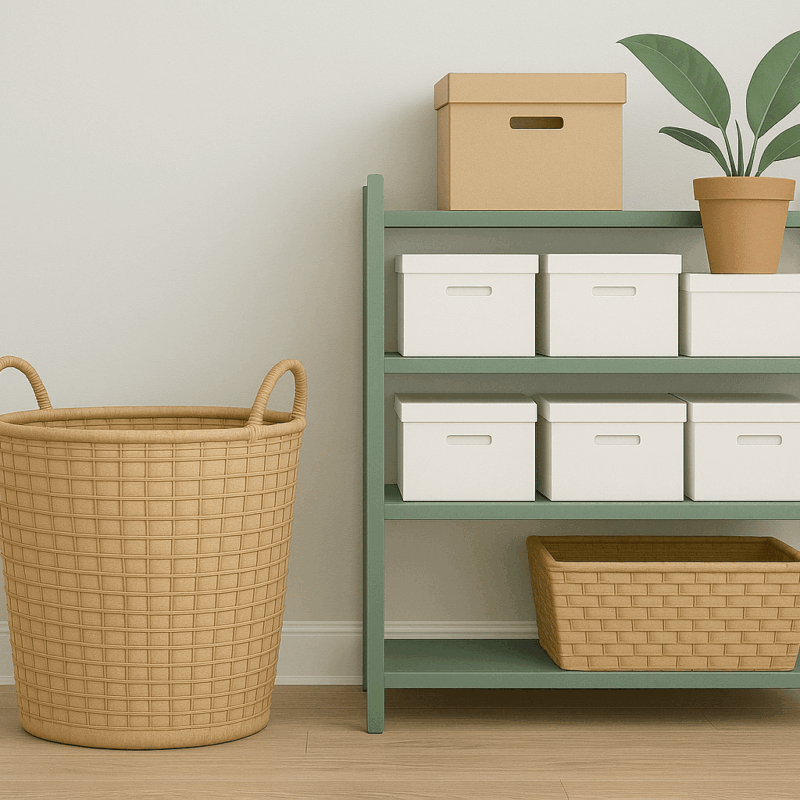 A green shelving unit with white storage boxes, a potted plant, and a cardboard box, next to a large woven laundry basket.