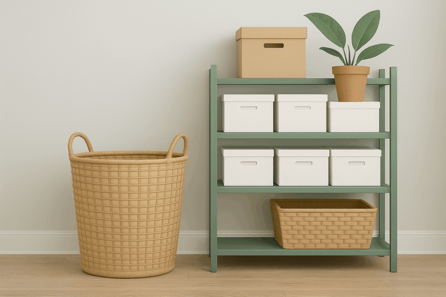 A green shelving unit with white storage boxes, a potted plant, and a cardboard box, next to a large woven laundry basket.