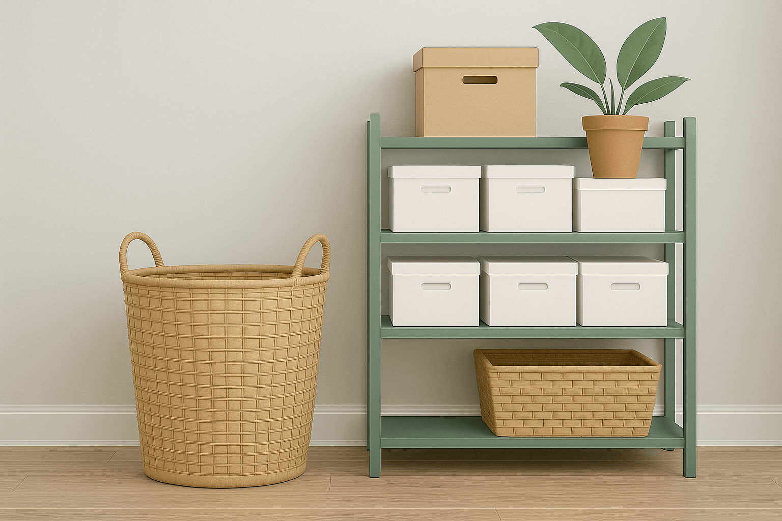 A green shelving unit with white storage boxes, a potted plant, and a cardboard box, next to a large woven laundry basket.