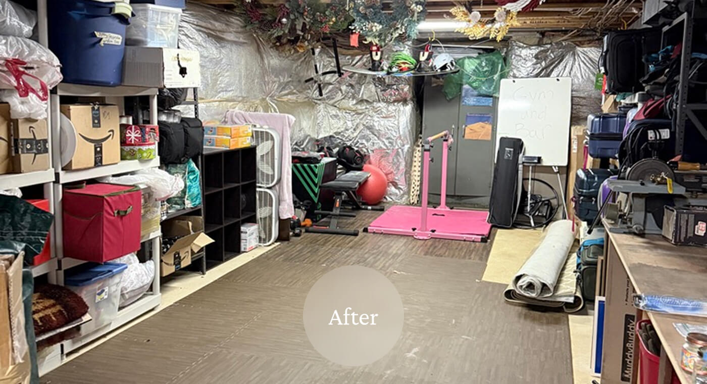 A cluttered garage with organized shelves, workout equipment, and a whiteboard, labeled as the "After" in a cleanup.