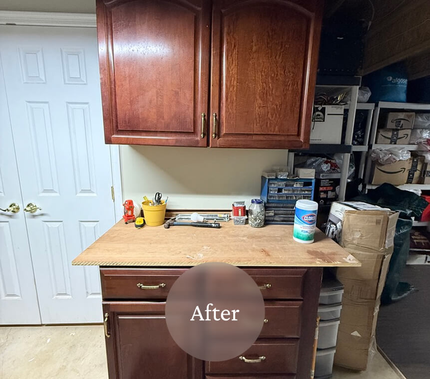 Liminal After Basement Storage 3 A cluttered workbench with tools, containers, and supplies in a garage, labeled "After" indicating cleanup or organization.