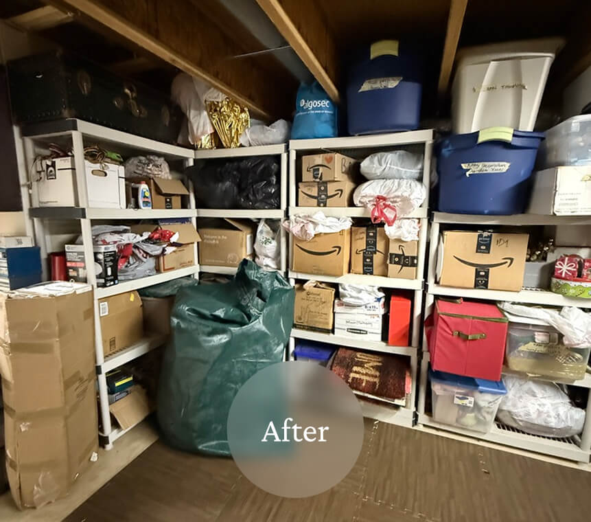 Liminal After Basement Storage 4 Shelves organized with boxes, bags, and stored items, creating a tidy storage space.