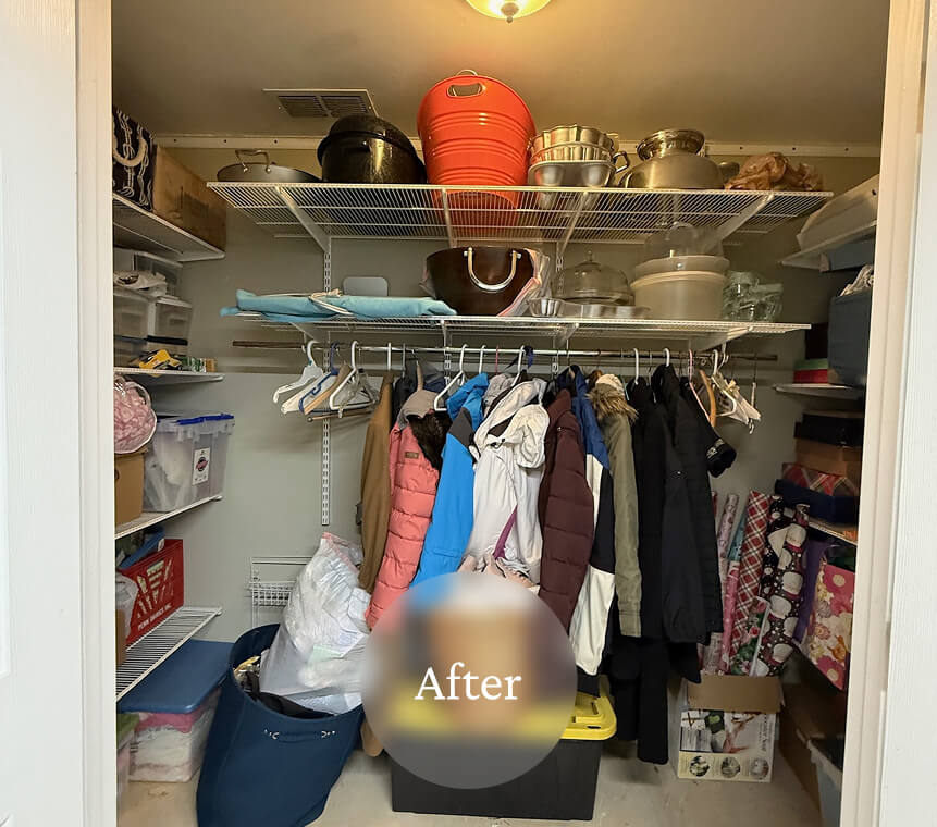 Liminal After Basement Storage 6 A tidy closet with organized jackets on a rack, shelves with storage bins, and neatly stacked kitchenware on wire shelves.