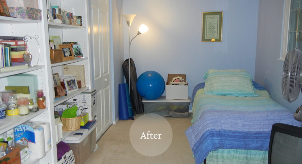 Liminal After Bedroom Cleanup 1 A tidy bedroom with a neatly made bed, organized shelves, and exercise equipment stored against the wall.