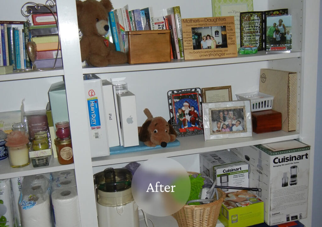 Liminal After Bedroom Cleanup 2 A neatly organized white shelf with books, framed photos, toys, candles, kitchen appliances, and storage boxes.