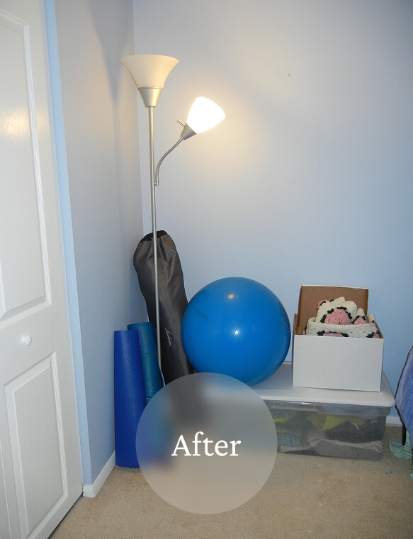 Liminal After Bedroom Cleanup 4 A corner with a floor lamp, yoga mats, a large blue exercise ball, and a box of handmade crochet items on a plastic storage
