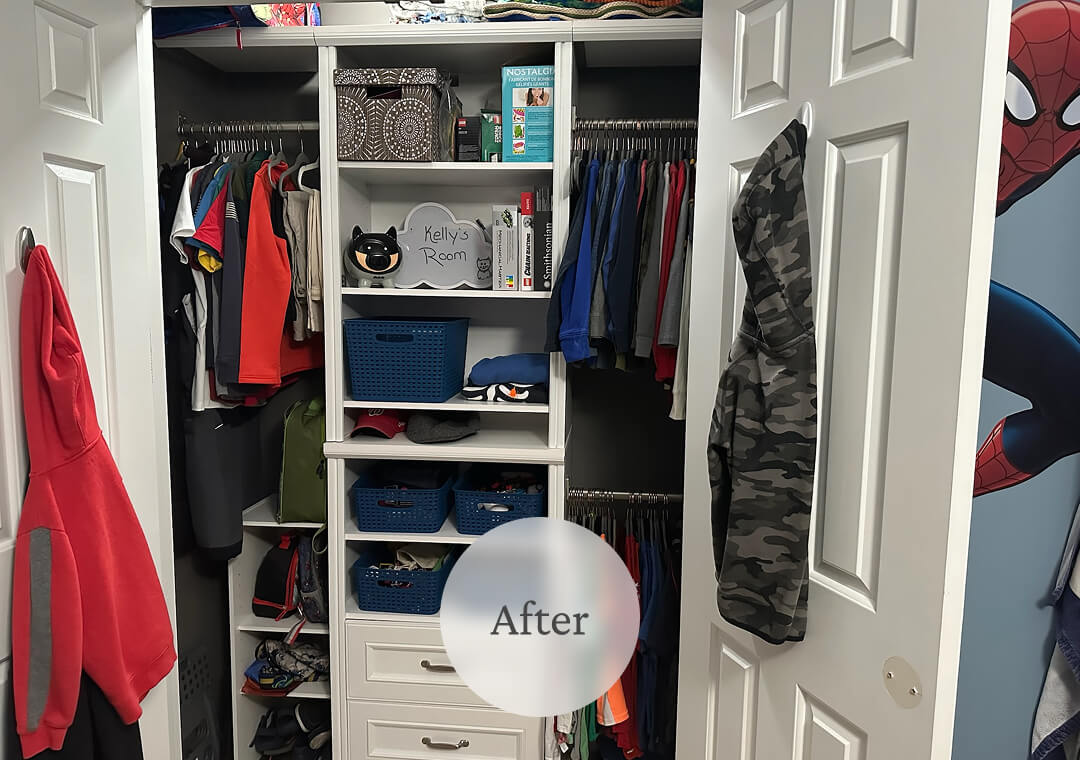 A neatly organized closet with clothes on hangers, blue storage bins, and a labeled "Kelly's Room" sign on a shelf.