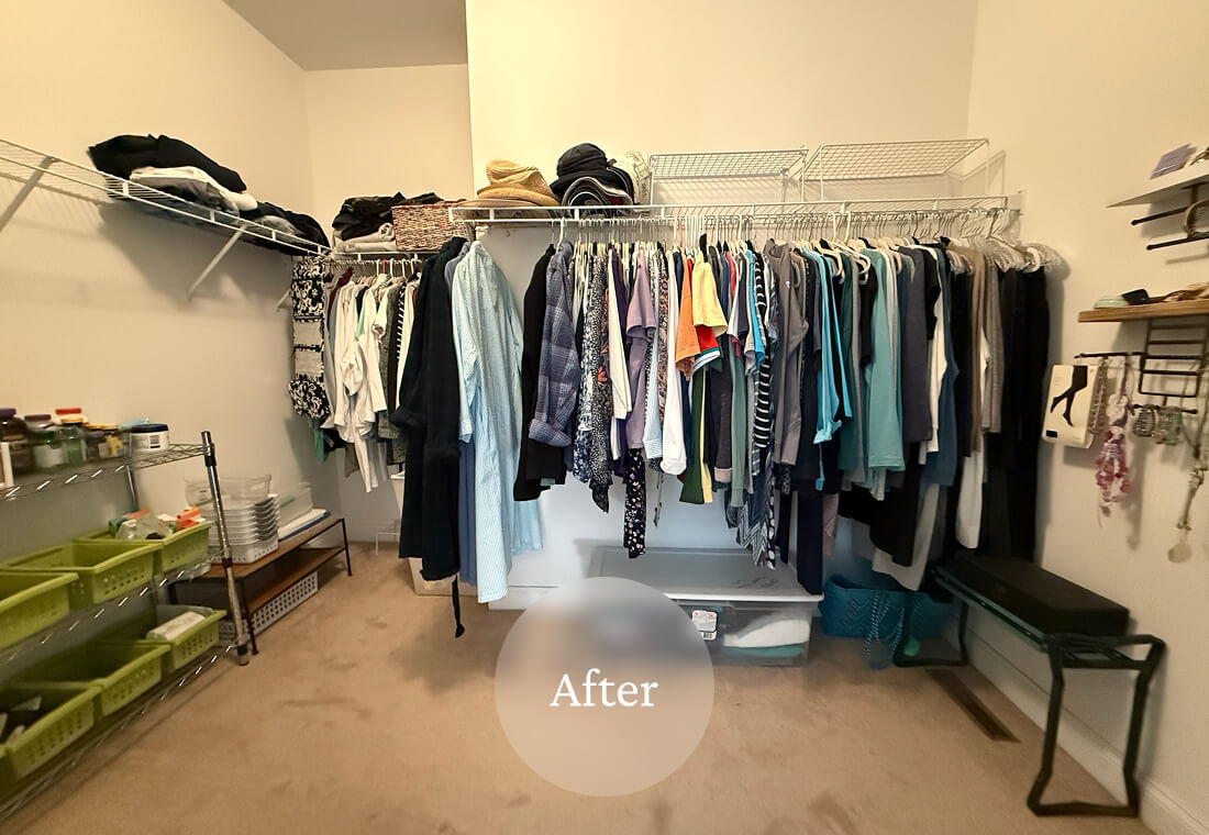 A neatly organized closet with clothes hanging on a rack, shelves with storage bins, and accessories on wall hooks.