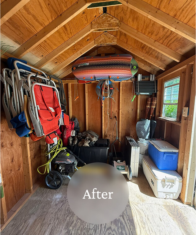 Liminal After Shed Clean Out 3 A neatly organized storage shed with outdoor gear, coolers, and supplies arranged against wooden walls and floor.