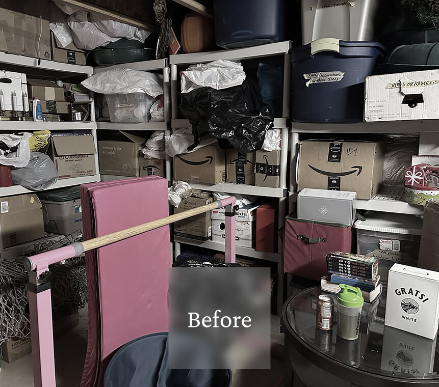 Liminal Before Basement Storage 4 Cluttered storage room with shelves filled with boxes, bags, and miscellaneous items, including a pink exercise bar and a