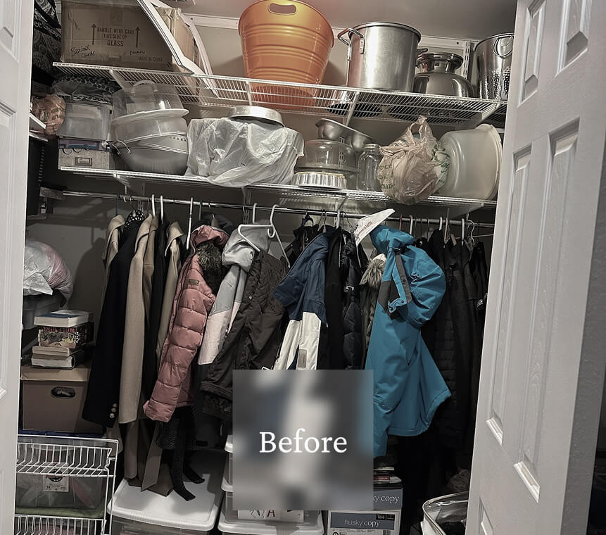 Liminal Before Basement Storage 6 A cluttered closet with coats, jackets, and storage boxes, with shelves holding pots, pans, and plastic containers.