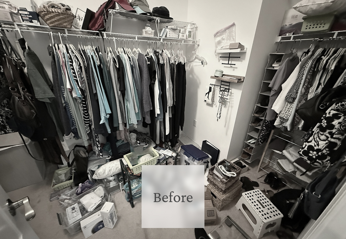 Clothes, shoes, and accessories are cluttered on the floor and shelves in a disorganized walk-in closet.