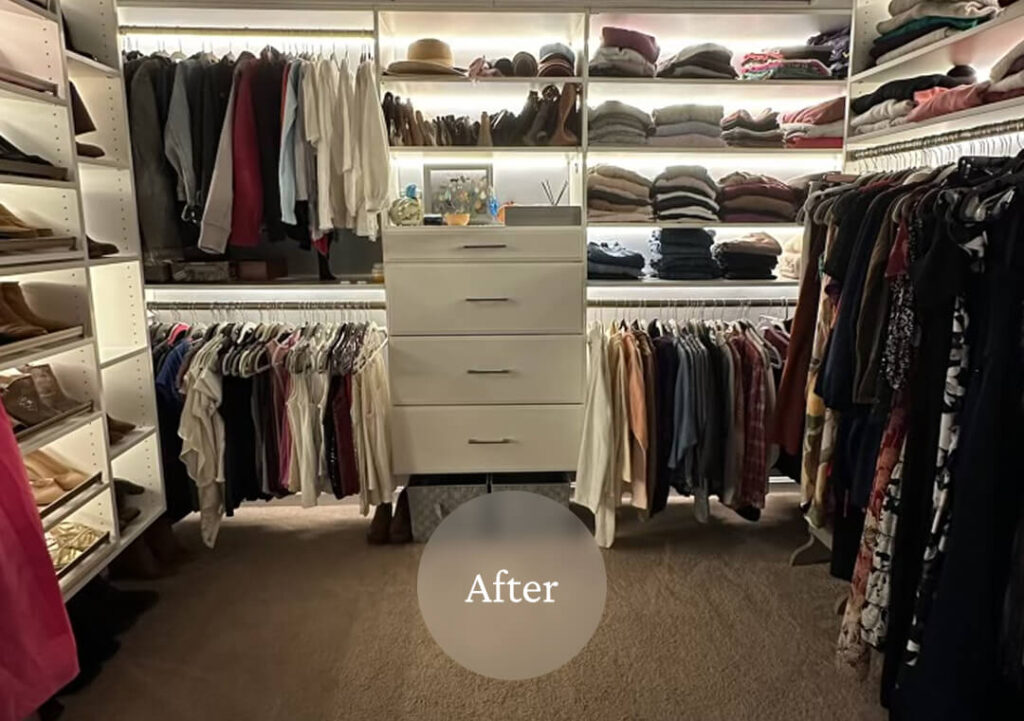 Liminal After Moms Closet Reorg 1 A neatly organized walk-in closet with folded clothes, hats, shoes, and a white dresser in the center, labeled "After."