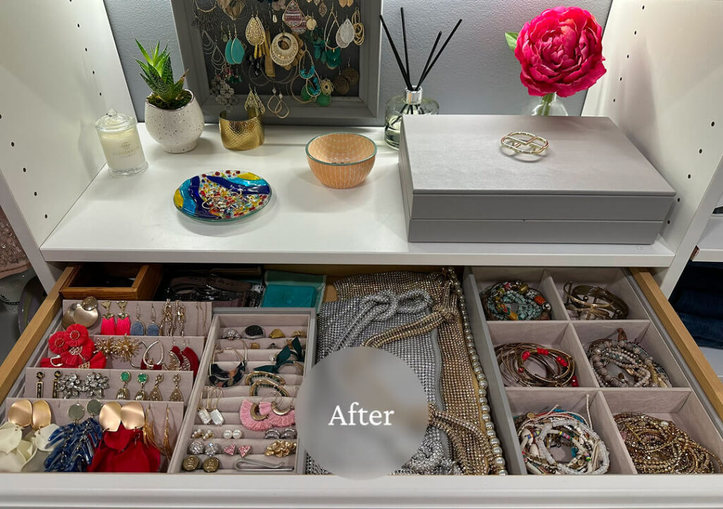 Liminal After Moms Closet Reorg 2 A jewelry drawer organized with various earrings, necklaces, and bracelets, topped with decorative bowls, a plant, and a