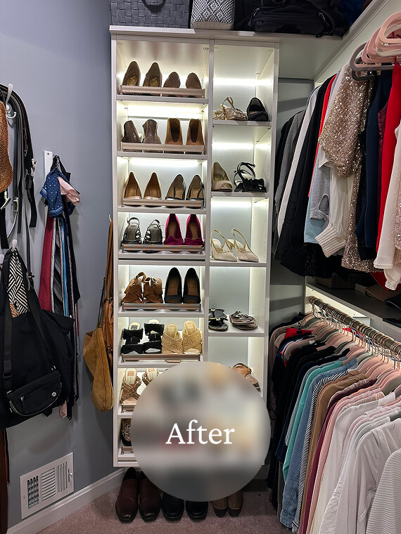 Liminal After Moms Closet Reorg 4 A neatly organized shoe display with various heels and sandals, surrounded by hanging clothes and accessories in a closet.